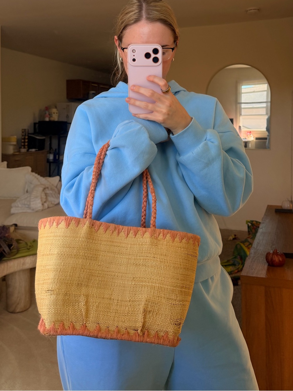Annabel Ingall Pink Natural Raffia Woven Beach Tote Bag Madagascar